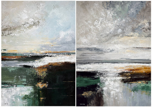 Beyond the Shifting Light – Large Green Blue Abstract Landscape Diptych | Contemporary Art by Tatiana Malinovscaia, Painting for Sale on Select