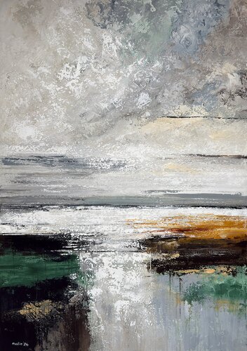 After the Rain Clears – Green Beige Abstract Landscape Painting | Contemporary Seascape by Tatiana Malinovscaia, Painting for Sale on Select