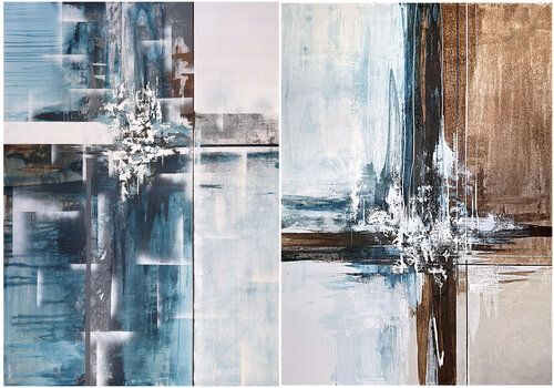 Currents Through Structure – Large Blue Brown Abstract Diptych | Geometric Textured Art von Tatiana Malinovscaia, Malerei kaufen auf Select