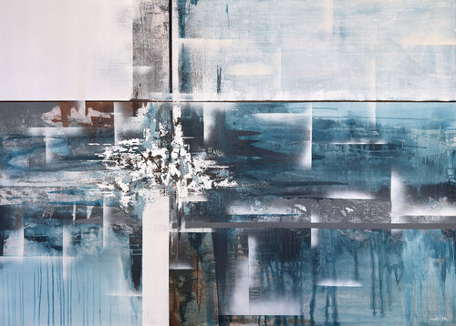 Blue Architecture of Motion – Large Blue Abstract Painting | Geometric Textured Art von Tatiana Malinovscaia, Malerei kaufen auf Select