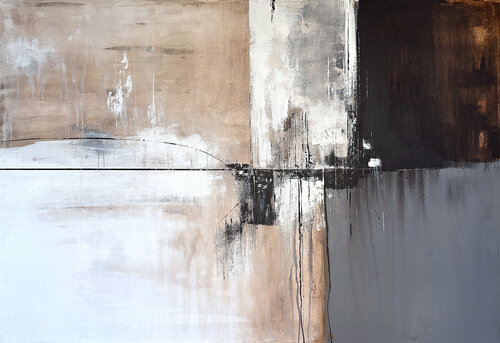 Threshold of Stillness – Large Neutral Abstract Painting | Beige Black Grey Contemporary Art von Tatiana Malinovscaia, Malerei kaufen auf Select