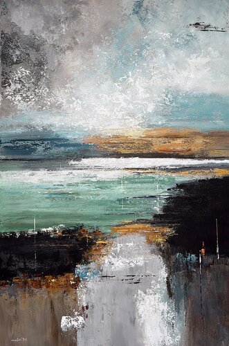 The Light That Remains – Large Turquoise Beige Abstract Seascape | Textured Contemporary Art von Tatiana Malinovscaia, Malerei kaufen auf Select