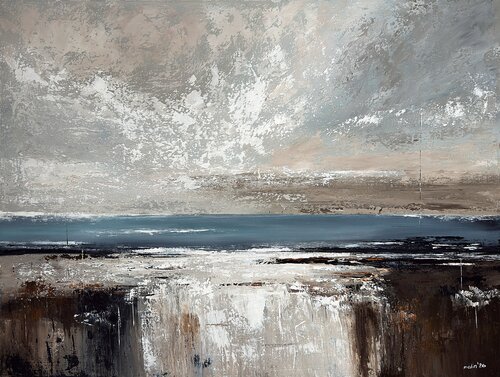 The Shore Beyond Time – Large Beige Blue Abstract Seascape | Textured Coastal Painting von Tatiana Malinovscaia, Malerei kaufen auf Select