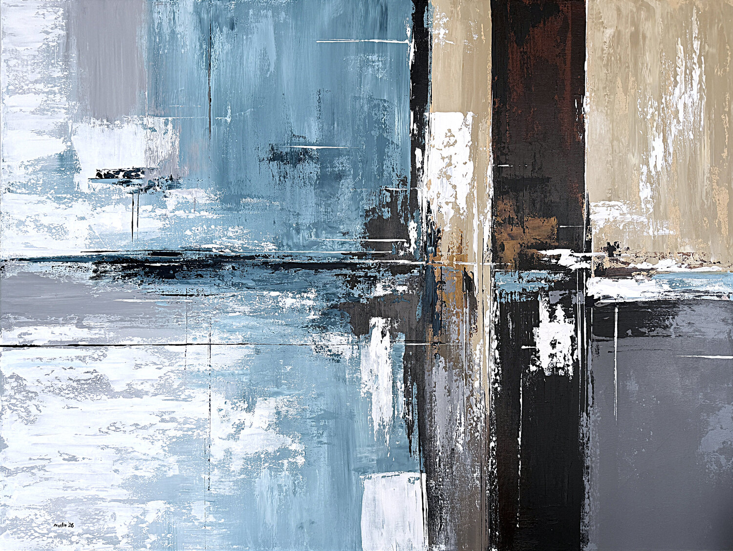 Azure Divide in Neutral Tones– Large Teal and Brown Abstract Painting, Textured Acrylic on Canvas Tatiana Malinovscaia Original painting for sale