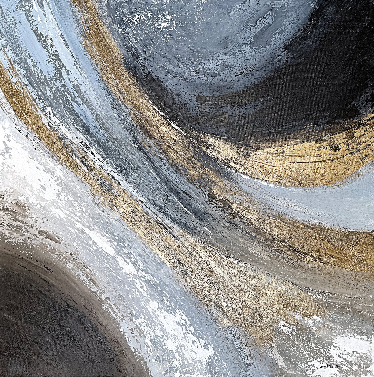 Golden Motion in Blue and Stone– Large Square Contemporary Abstract Painting 80x80 cm, Grey Blue Gold Textured Wall Art Tatiana Malinovscaia Original painting for sale