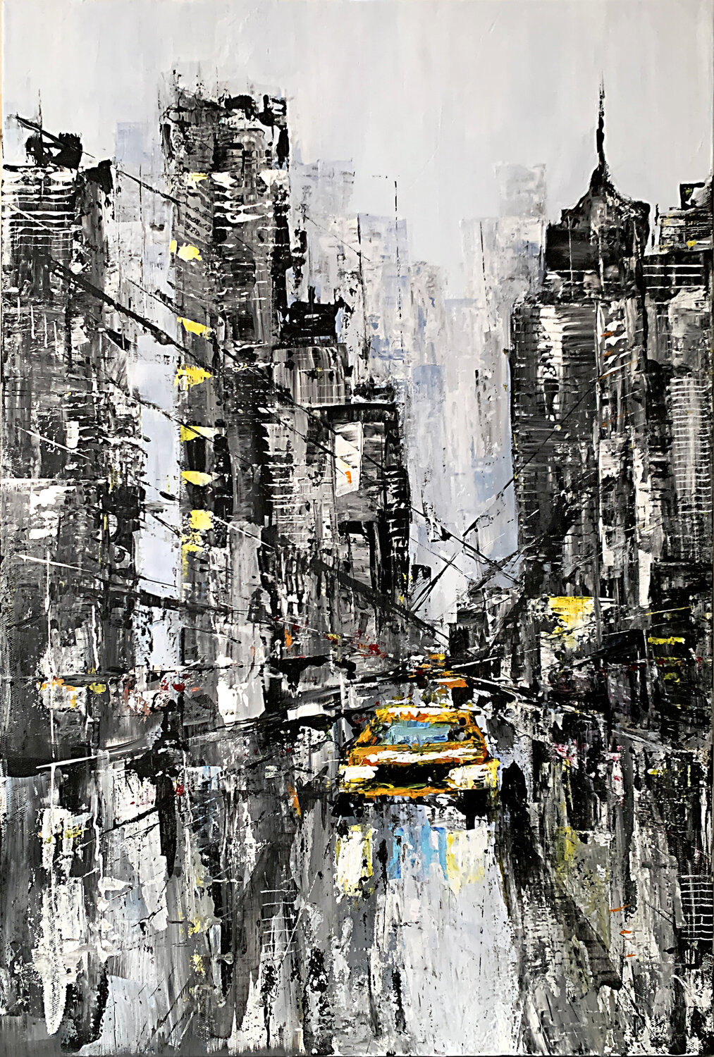 City Lights Reflections. Large black grey white modern painting 110x70cm Tatiana Malinovscaia Original painting for sale