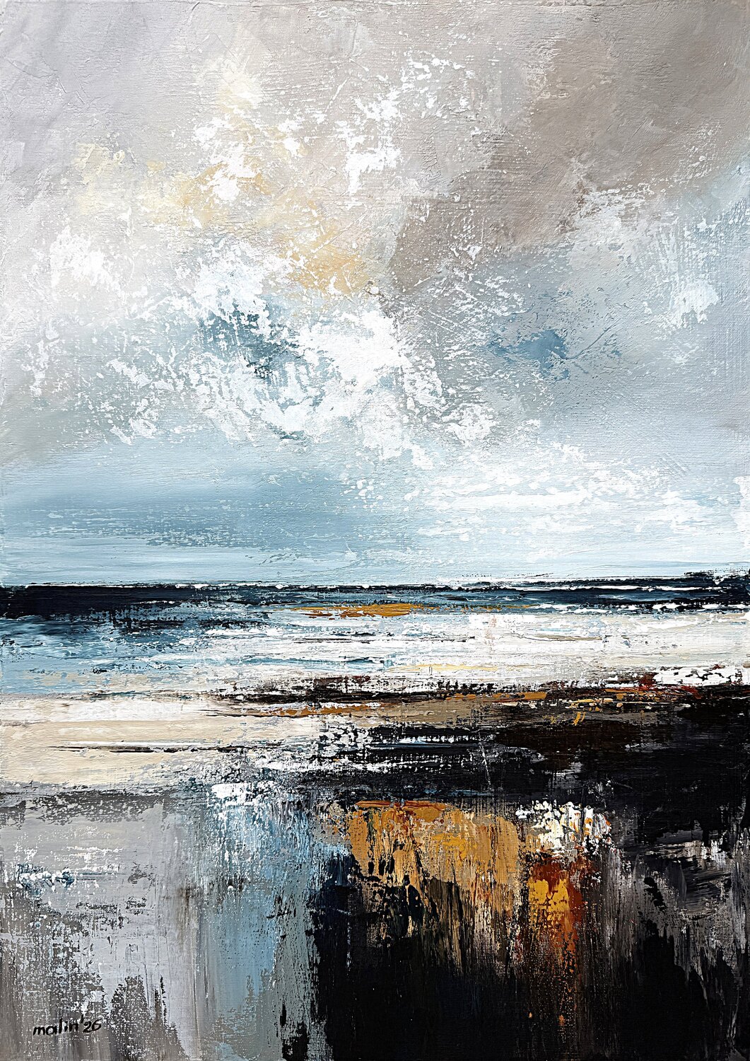Light Breaking Over Deep Waters – Original Contemporary Abstract Painting, Textured Grey White Acrylic Art Tatiana Malinovscaia Original painting for sale