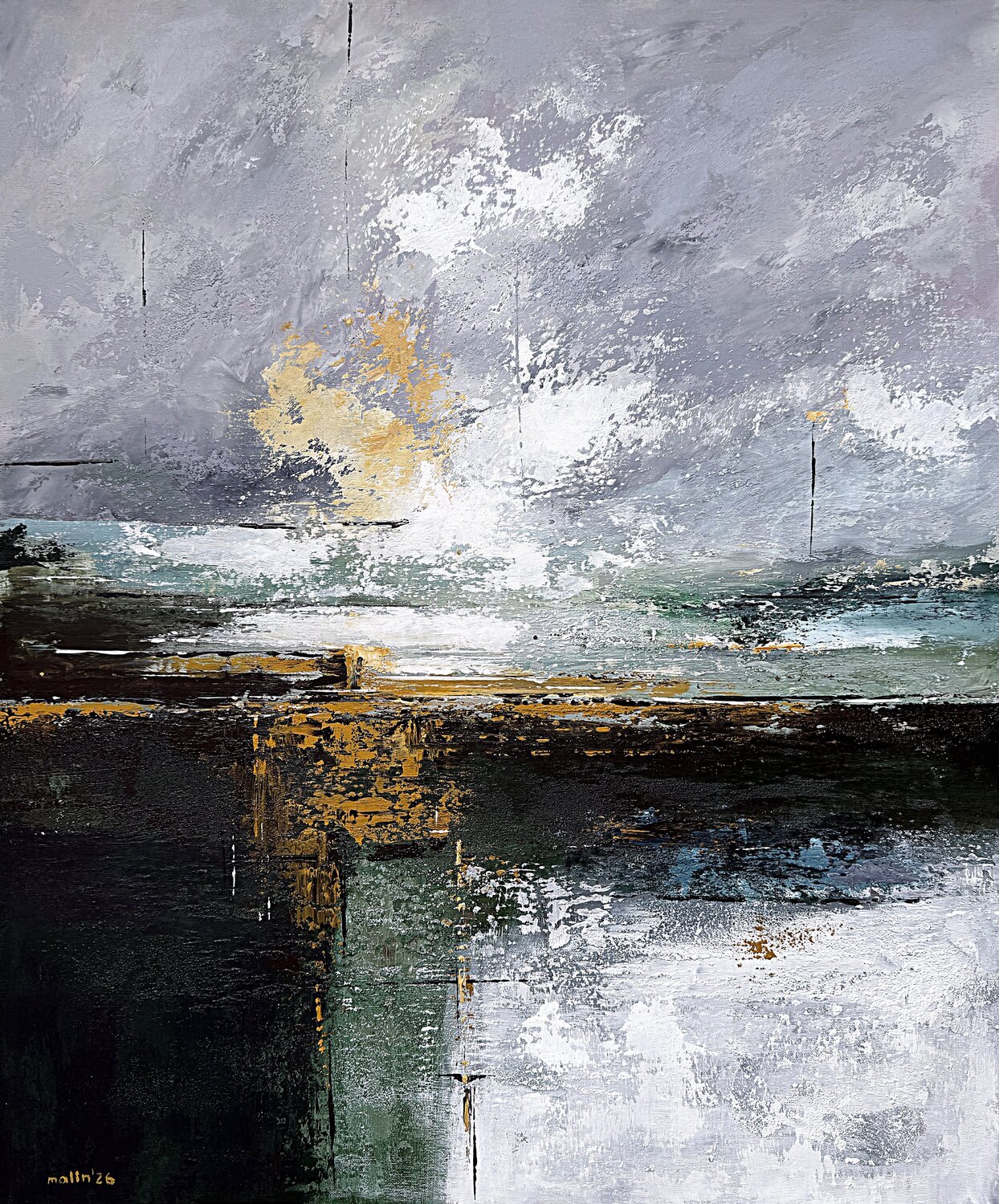 Blue Green Abstract Seascape Painting on Linen Canvas, Modern Neutral Wall Art, Ochre Accents, Textured Acrylic Artwork 76x90 cm Tatiana Malinovscaia Original painting for sale