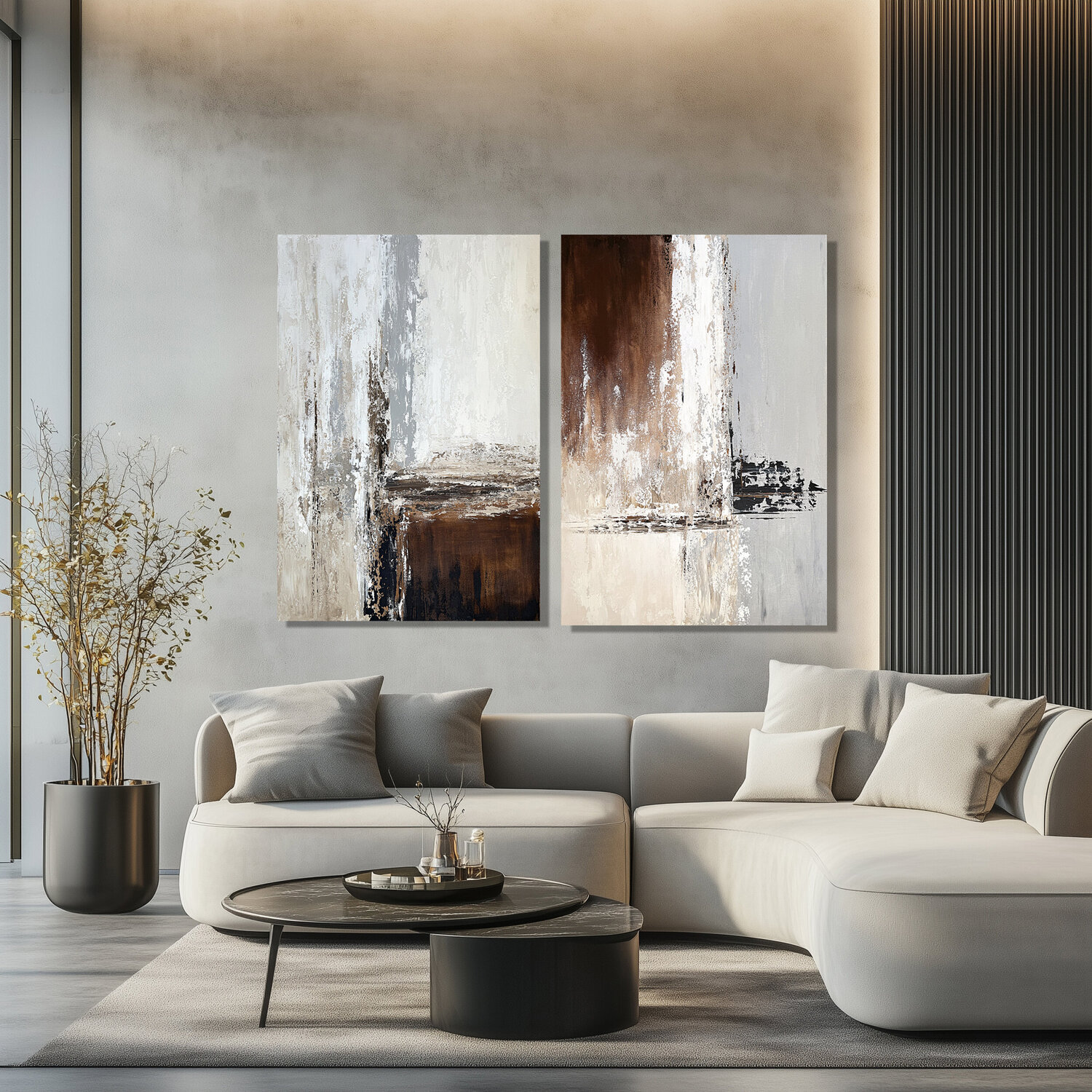 Fragments of Warm Stillness-Large Neutral Abstract Diptych Painting Set, Beige Brown Modern Wall Art, Textured Acrylic Canvas Diptych 2x120x80 cm Tatiana Malinovscaia Original painting for sale