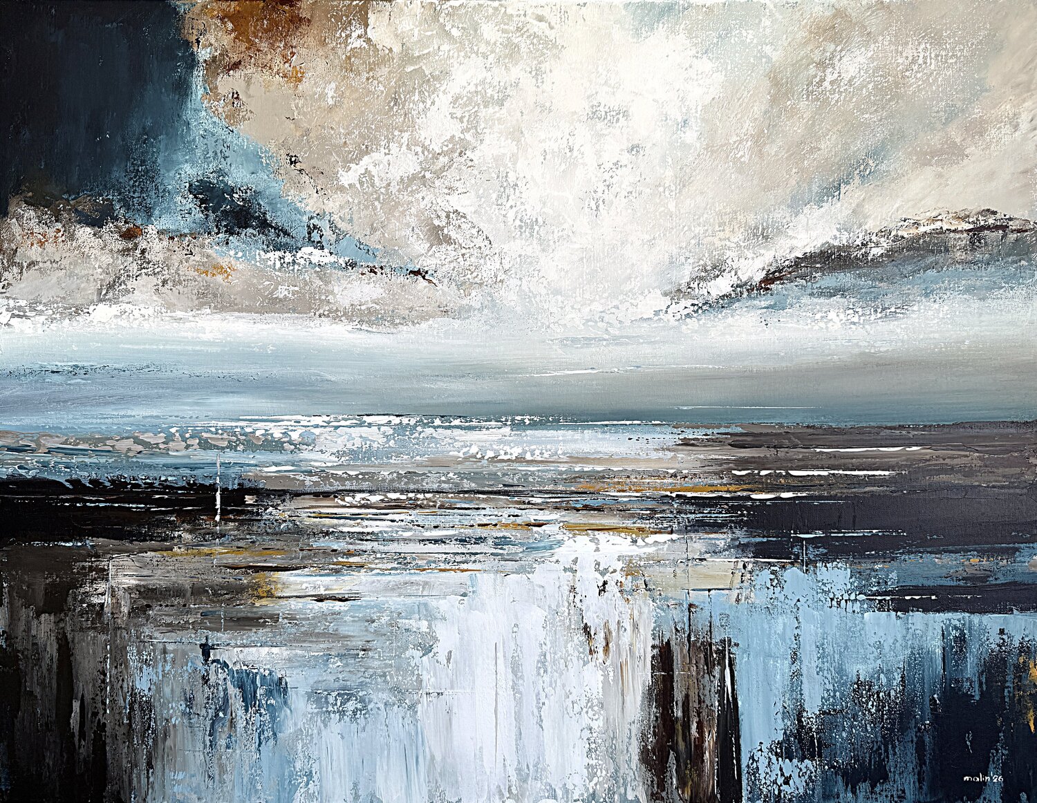 Light Beyond the Distant Shore – Large Blue Beige Abstract Seascape Painting 108x84 cm, Modern Textured Wall Art, Neutral Acrylic Canvas with Ochre Tones Tatiana Malinovscaia Original painting for sale