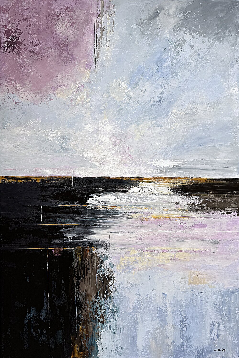 Soft Light Across Still Water-Clouds wall art– Large Contemporary Abstract, Blue Grey Purple Textured Wall Art Tatiana Malinovscaia Original painting for sale