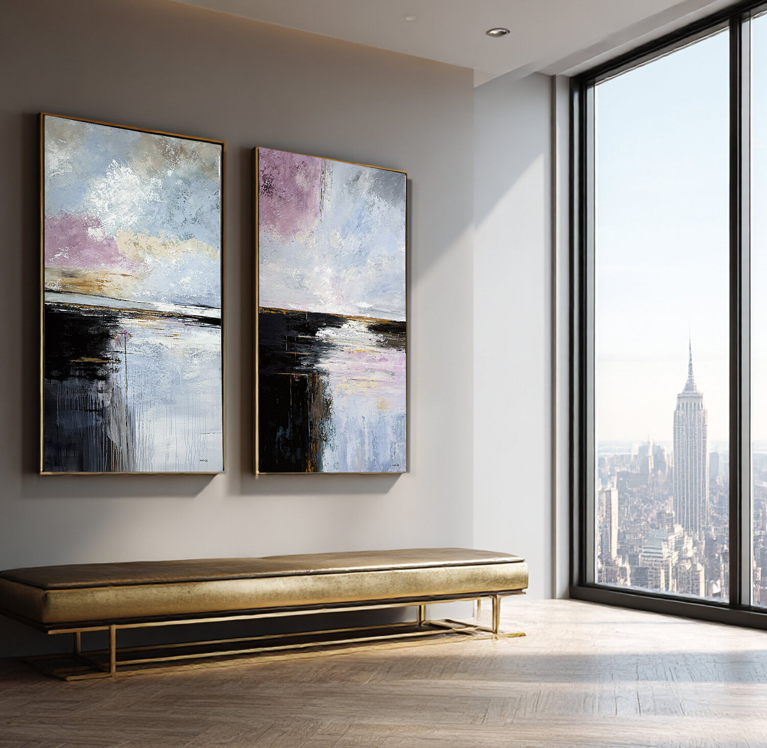 Where Light Begins to Gather– Large SET Contemporary Abstract, Blue Grey Purple Textured Wall Art Tatiana Malinovscaia Original painting for sale