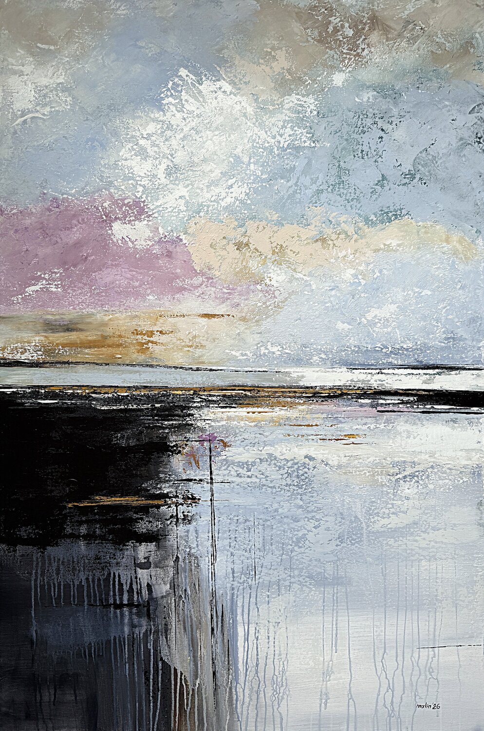 Light Falling Beyond the Water- 120×80 cm, Blue Grey Pink Purple Textured Wall Art Tatiana Malinovscaia Original painting for sale