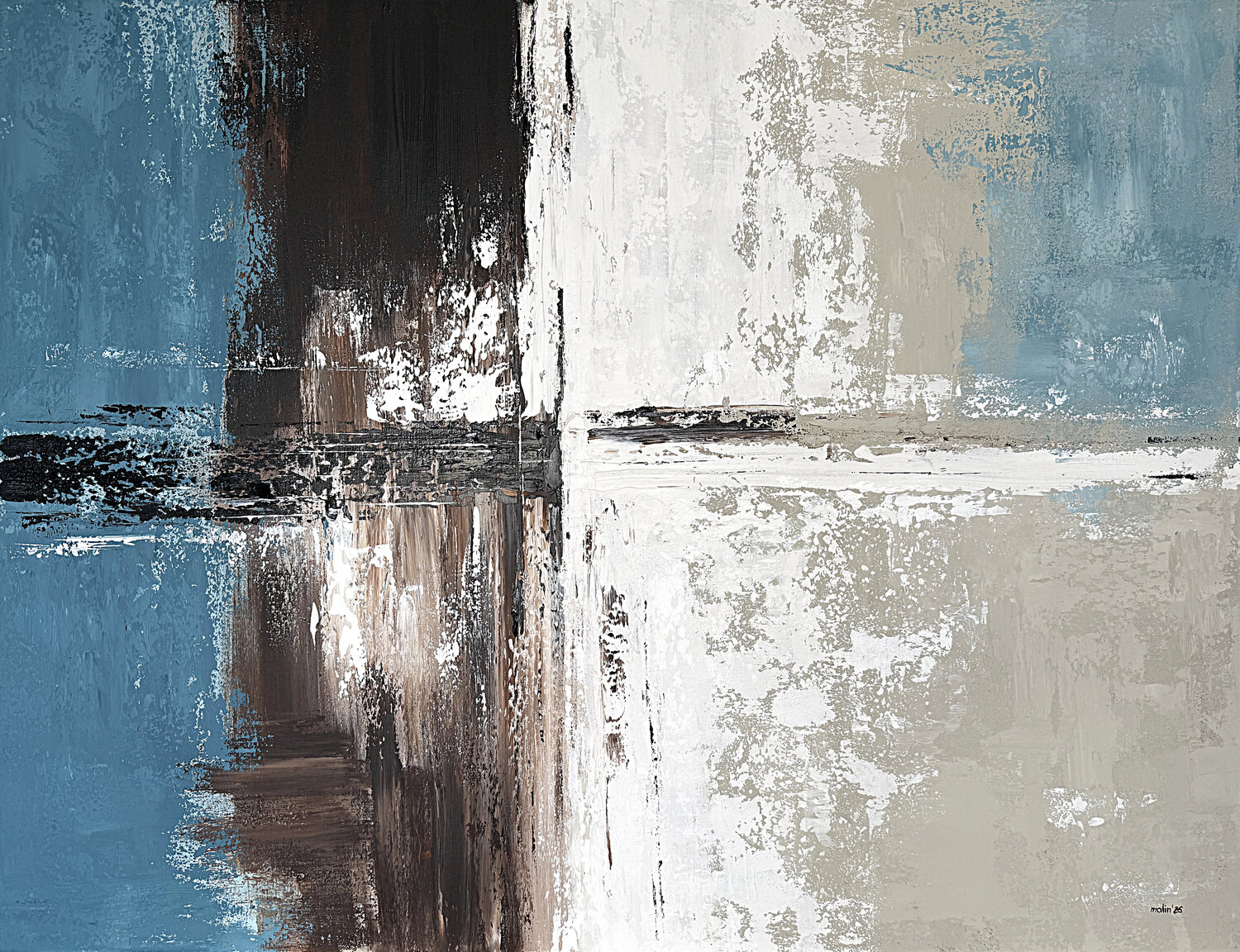 Blue Distance in Quiet Light – Large Textured Abstract Painting in Blue, Grey, Brown and White, Acrylic on Canvas, Modern Contemporary Wall Art Tatiana Malinovscaia Original painting for sale