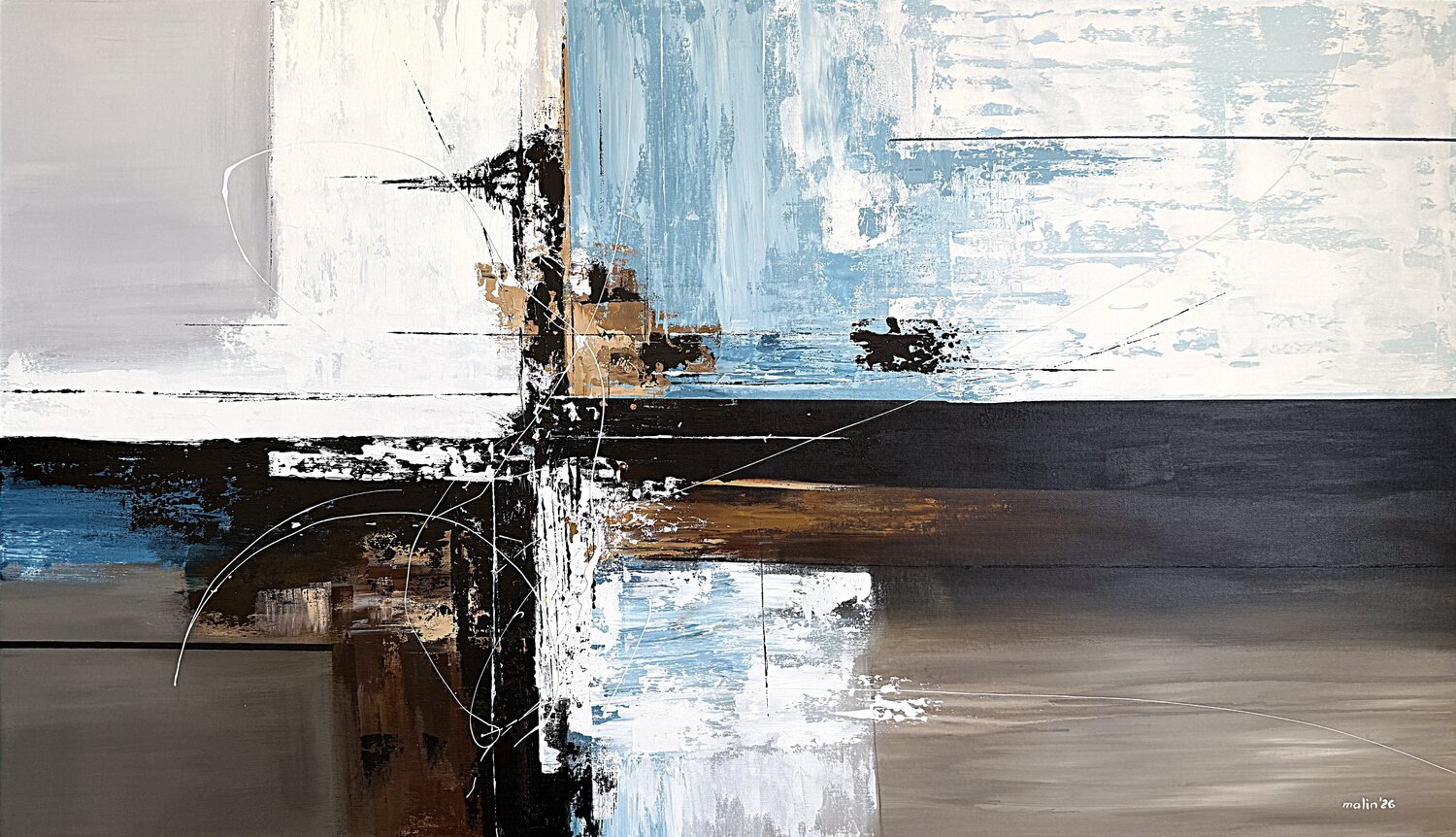 Crossing Through Pale Distance – Large Teal and Brown Abstract Painting, Textured Acrylic on Canvas Tatiana Malinovscaia Original painting for sale