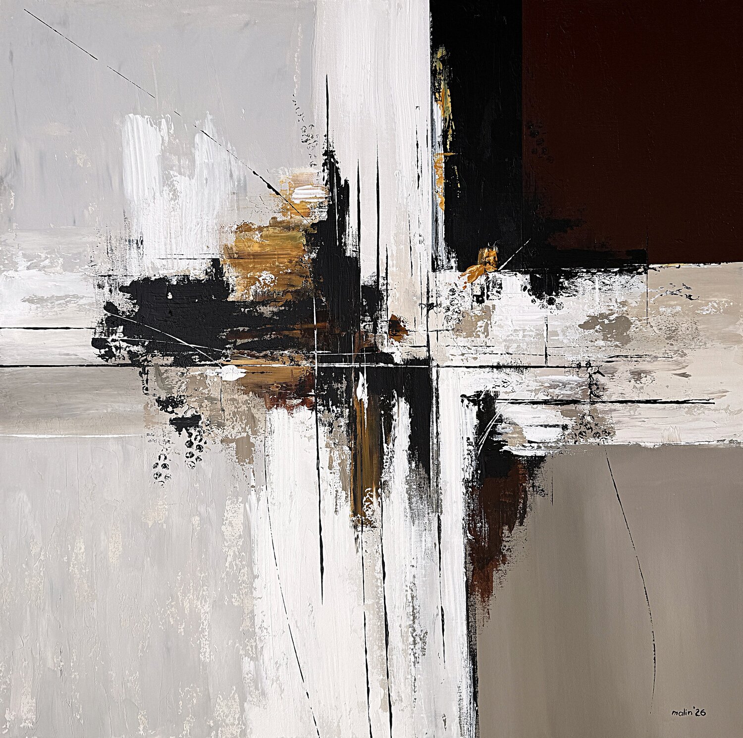 Convergence of Light-Neutral Abstract Painting 85x85 cm, Modern Textured Acrylic Wall Art in Black, White and Ochre Tatiana Malinovscaia Original painting for sale