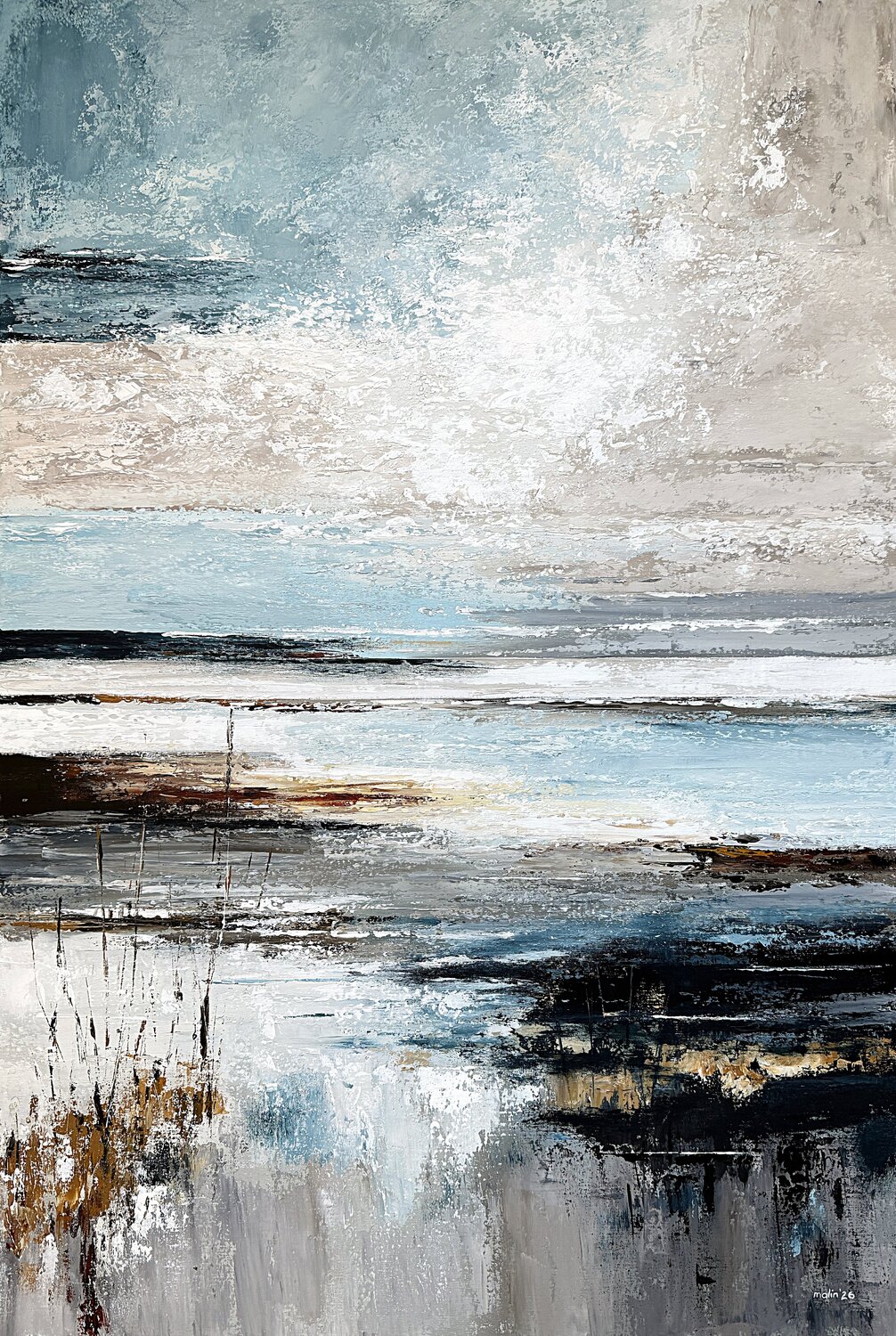 Silver Tide Awakening- Large Coastal Abstract Painting 120x80 cm, Blue Gray Textured Acrylic Wall Art Tatiana Malinovscaia Original painting for sale