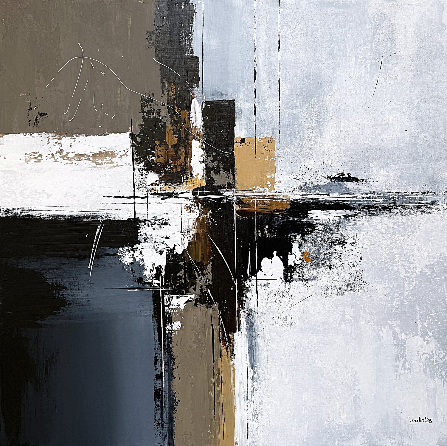 Axis of Still Waters– Neutral Abstract Painting 85x85 cm, Black White Ochre Contemporary Acrylic Wall Art Tatiana Malinovscaia Original painting for sale