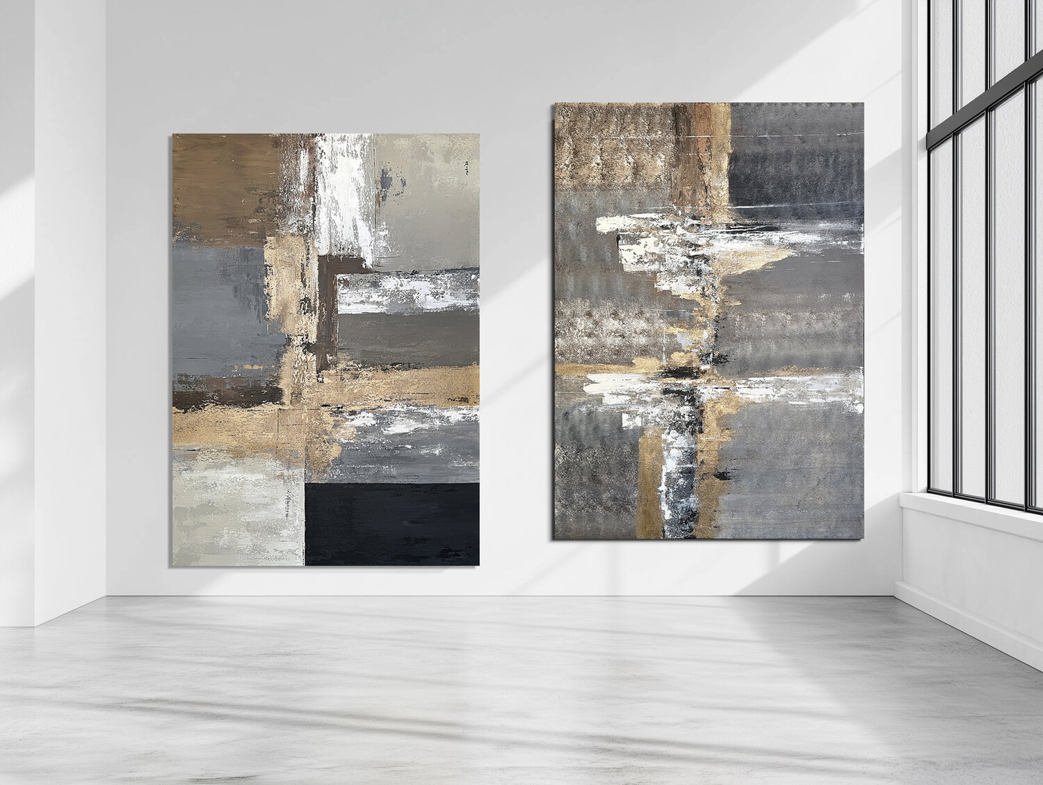 Golden Axis -Large Neutral Abstract Diptych 200x140 cm | Gold Gray Beige Contemporary Wall Art Tatiana Malinovscaia Original painting for sale