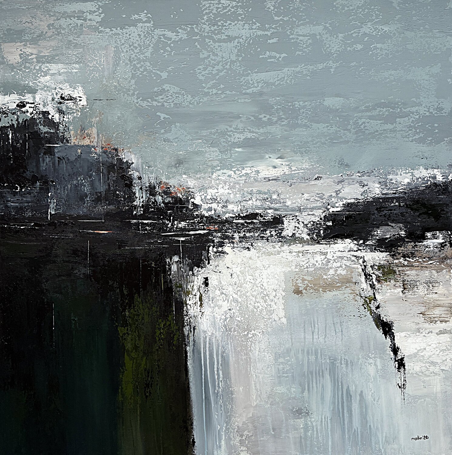 Square Abstract Painting Blue Green Contemporary Acrylic Seascape Canvas Emerald Stillwater Passage Tatiana Malinovscaia Original painting for sale