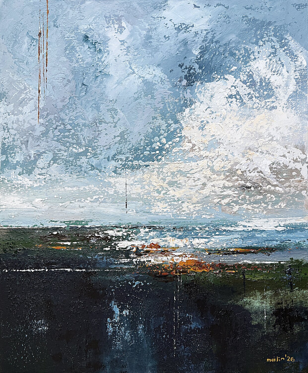 Harbor of Quiet Light– Original Contemporary, Blue Grey Acrylic with Ochre Accents Tatiana Malinovscaia Original painting for sale