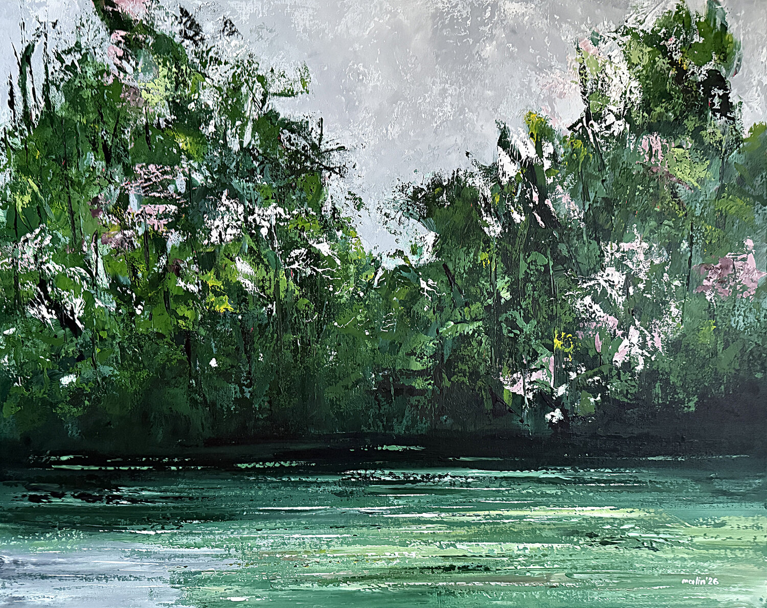 Emerald Stillwater-Green Abstract Landscape Painting 100x80 cm | Contemporary Nature Inspired Wall Art Tatiana Malinovscaia Original painting for sale