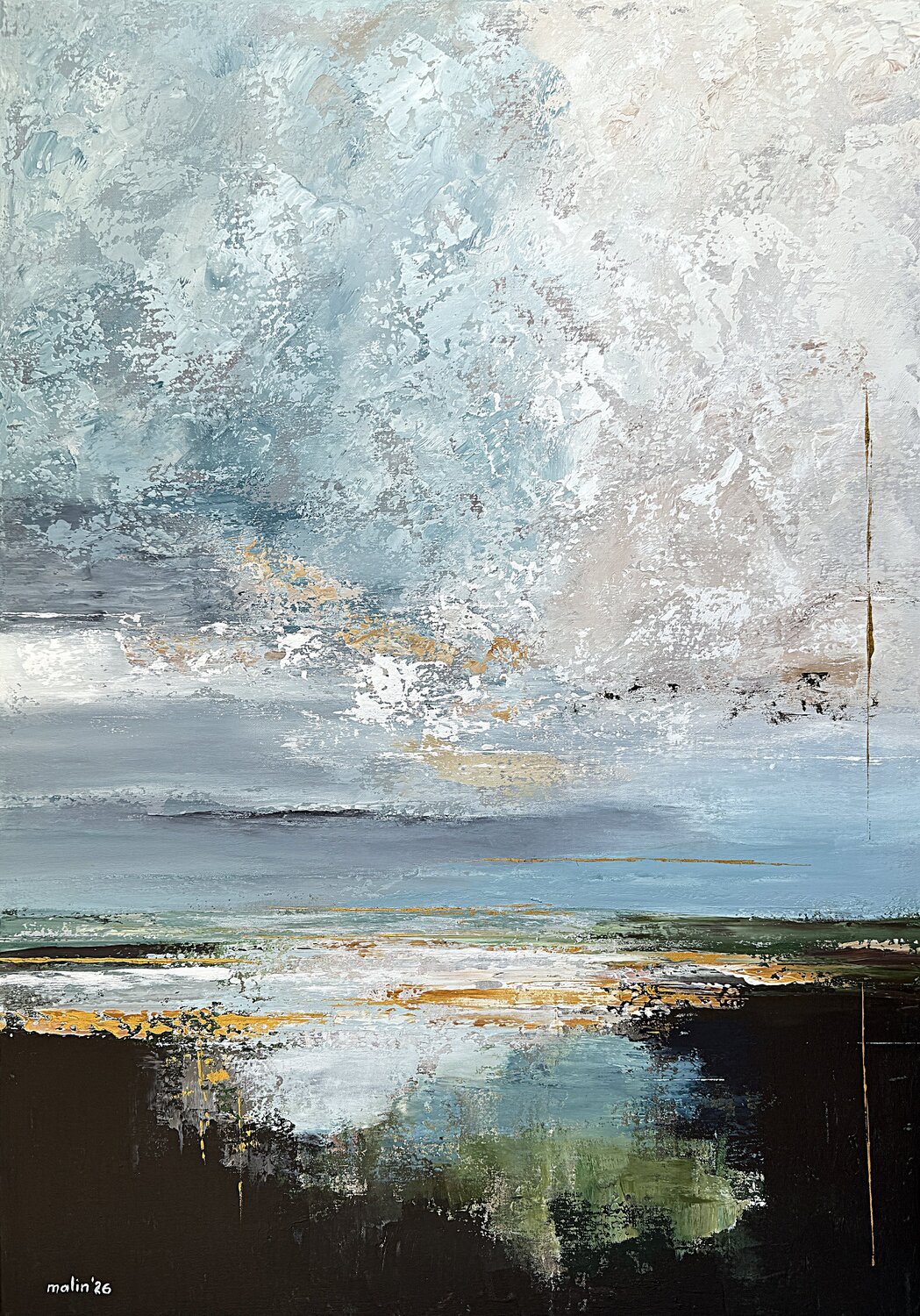 Where Light Meets Water – Original Contemporary, Blue Gold Acrylic with Ochre Accents Tatiana Malinovscaia Original painting for sale