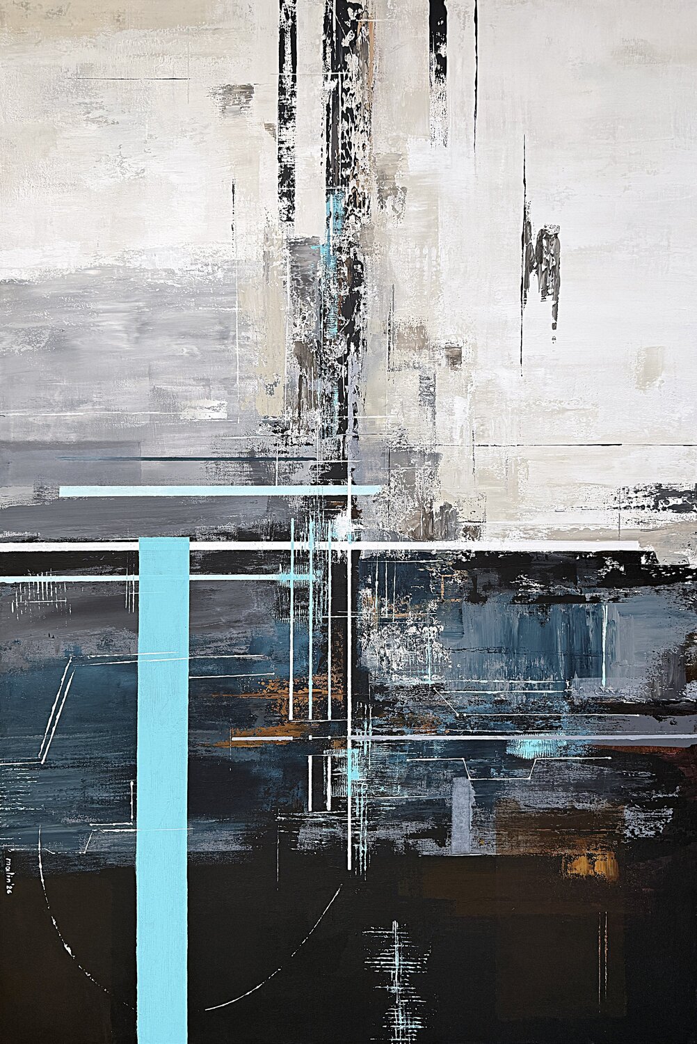Convergence Node. The Invisible Networks. Contemporary Blue Gray Acrylic Canvas | Modern Geometric Wall Art Tatiana Malinovscaia Original painting for sale