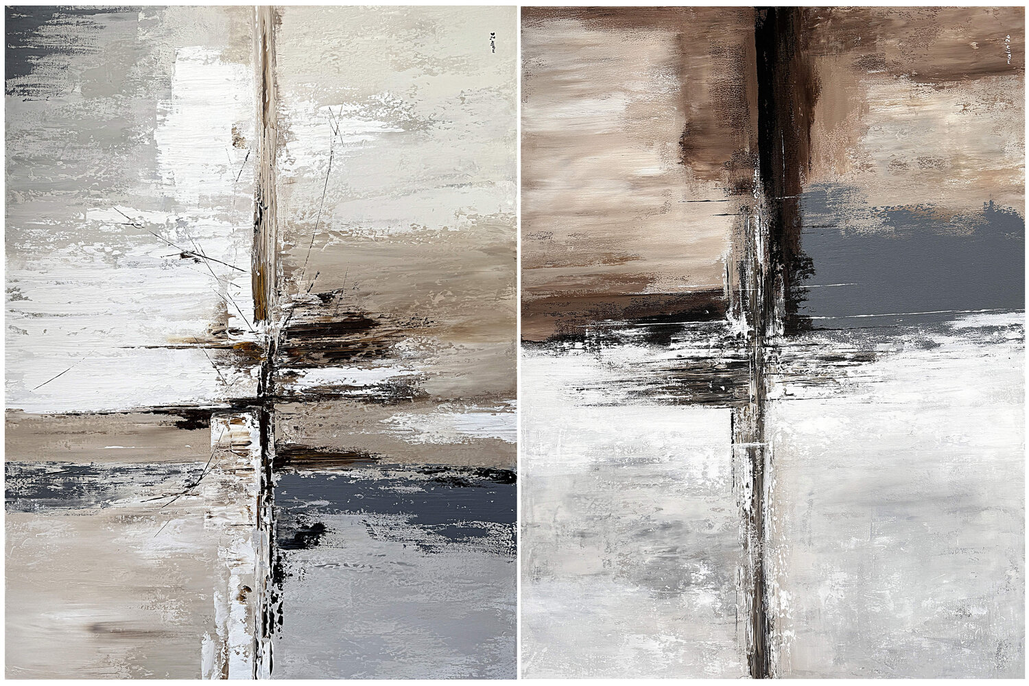 Parallel Ground – Large Neutral Abstract Diptych | Beige Grey Brown Textured Acrylic Painting | 2 × 120 × 90 cm Tatiana Malinovscaia Original painting for sale