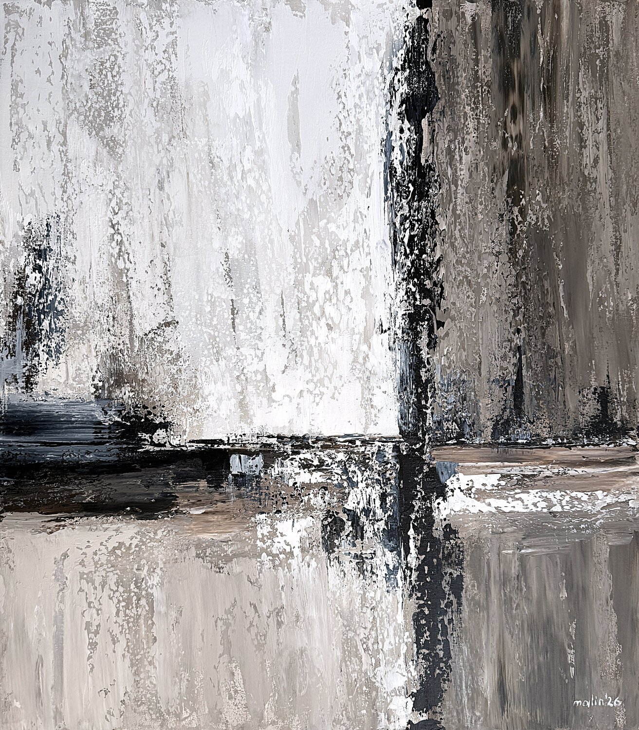Threshold of Light – Neutral Abstract Painting | Beige Grey Black Textured Acrylic on Canvas | Original 70 × 80 cm Tatiana Malinovscaia Original painting for sale