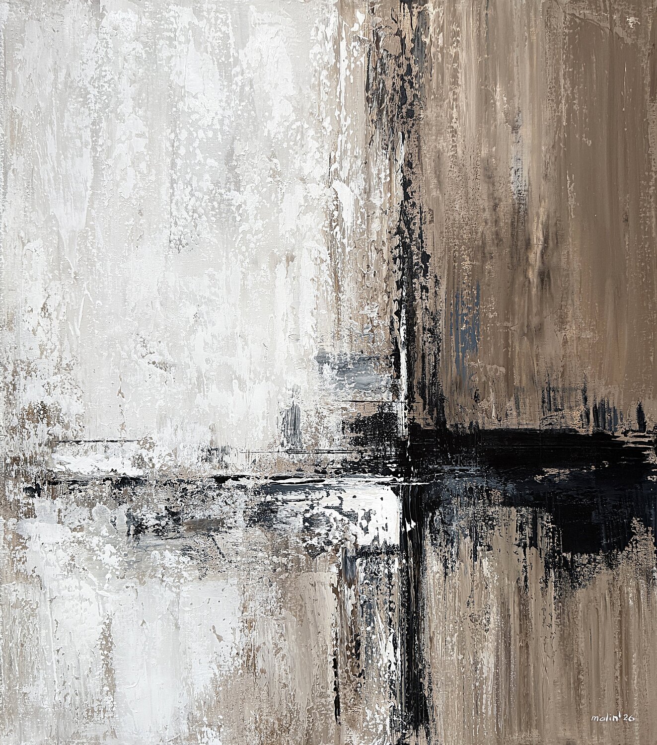 Quiet Axis of Light – Neutral Abstract Painting | Beige Grey Black Textured Acrylic on Canvas | Original Contemporary Wall Art Tatiana Malinovscaia Original painting for sale