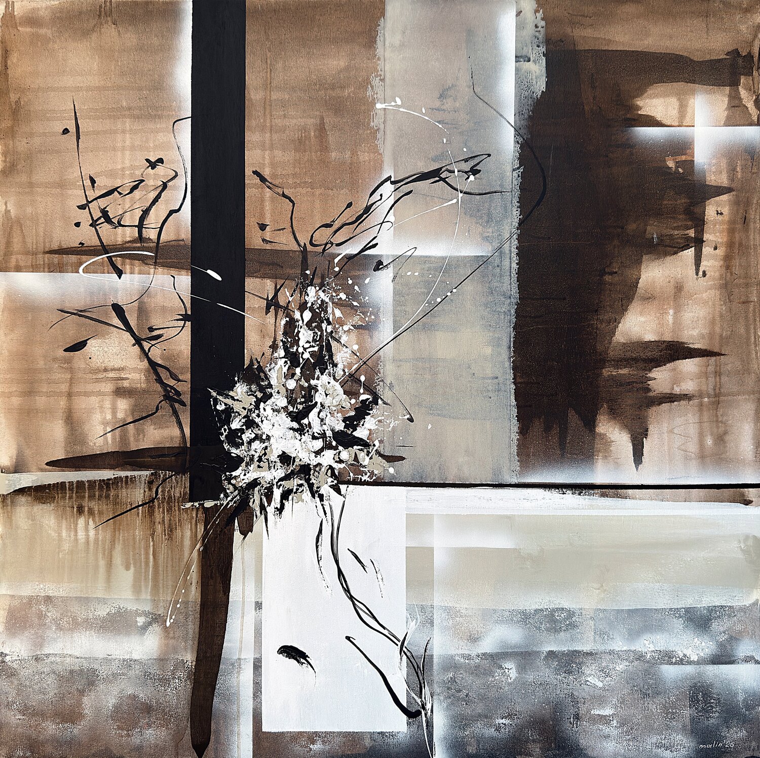 Fragments of Quiet Bloom – Neutral Abstract Floral Painting | Beige Brown Black Textured Acrylic on Canvas | Original Contemporary Wall Art Tatiana Malinovscaia Original painting for sale