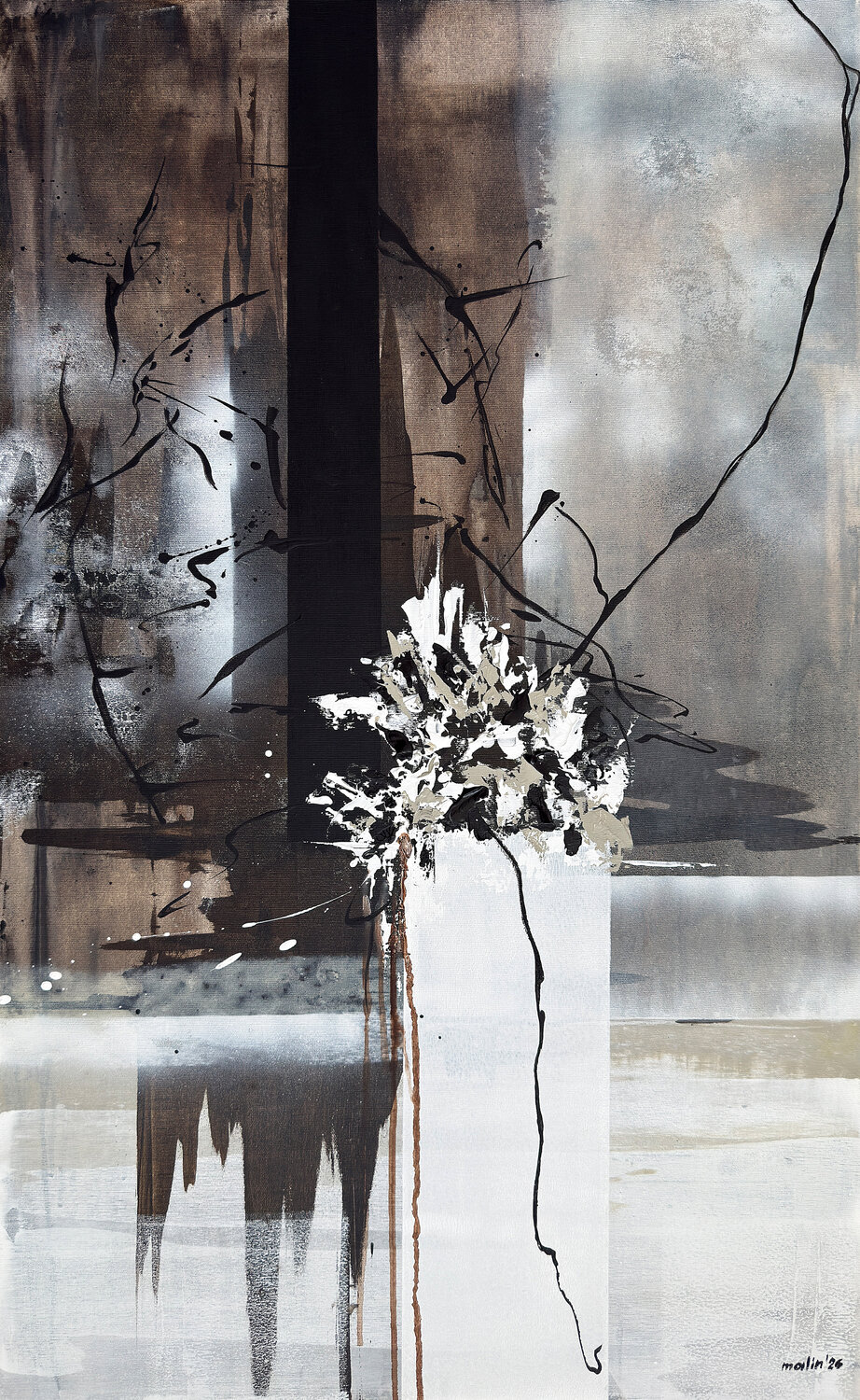 Botanical Interruption – Brown Black Abstract Floral Painting | Neutral Textured Acrylic on Canvas | Contemporary Original Art Tatiana Malinovscaia Original painting for sale