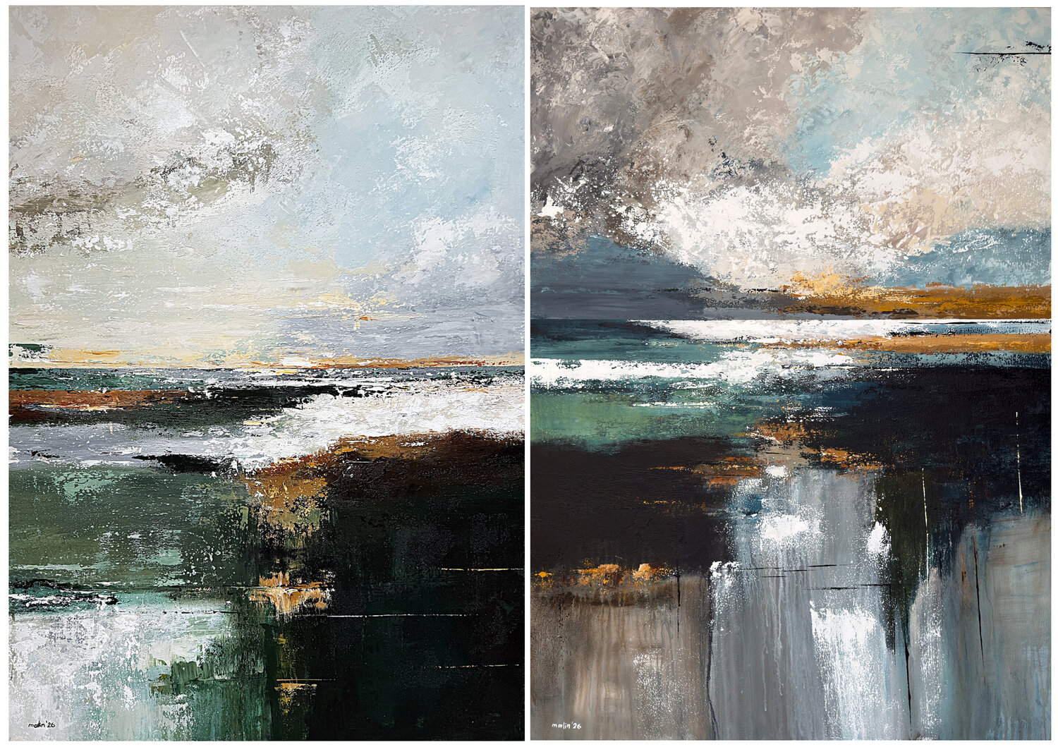 Between Water and Distance – Large Blue Green Abstract Seascape Diptych | Contemporary Coastal Painting Tatiana Malinovscaia Original painting for sale