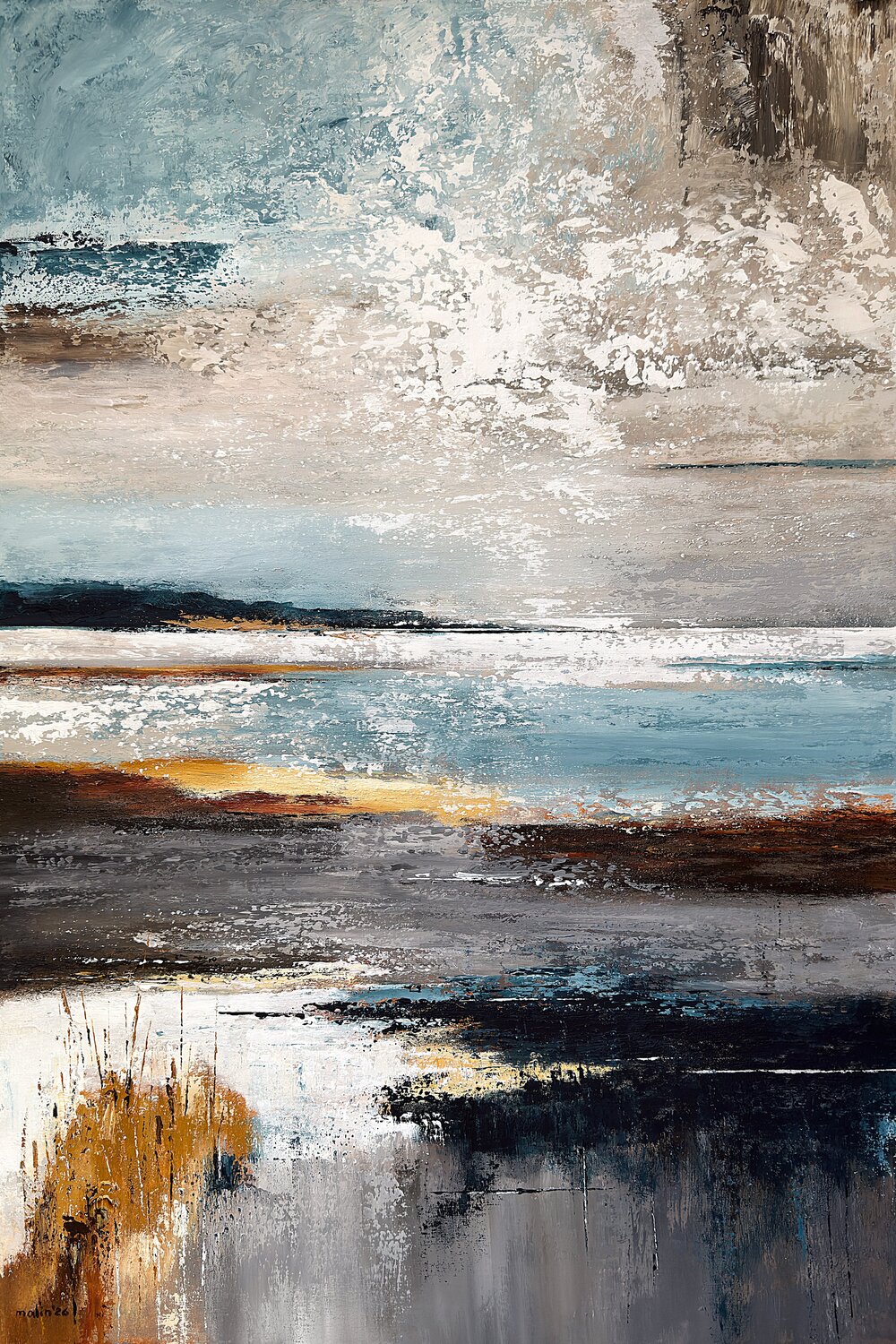 Tides of Earth and Blue – Large Blue Beige Abstract Seascape | Textured Coastal Painting Tatiana Malinovscaia Original painting for sale
