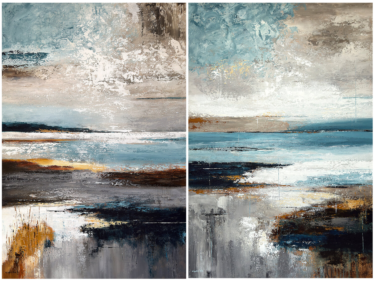 Where Water Meets the Earth – Large Blue Beige Abstract Seascape Diptych | Contemporary Coastal Art Tatiana Malinovscaia Original painting for sale