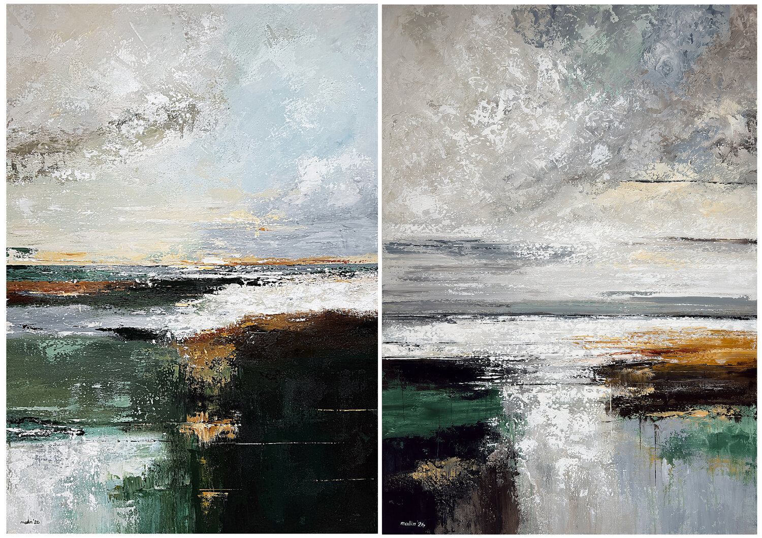 Beyond the Shifting Light – Large Green Blue Abstract Landscape Diptych | Contemporary Art Tatiana Malinovscaia Original painting for sale