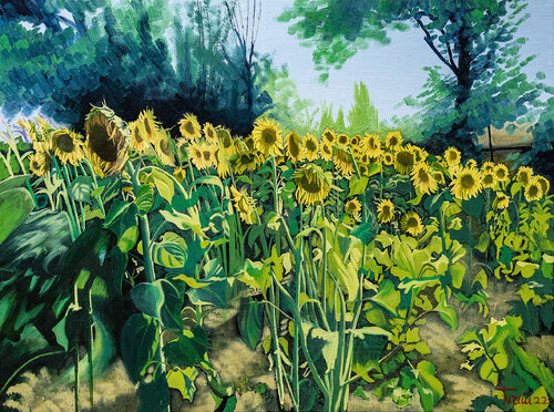 Sunflowers field-La folla silenziosa by Lorenzo Turini, Painting for Sale on Select