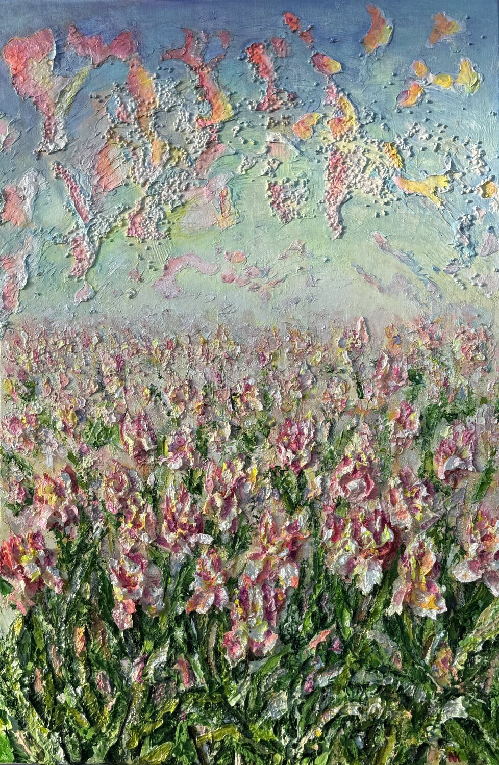 Echoes of Pink Irises Natalia Kutova Original painting for sale