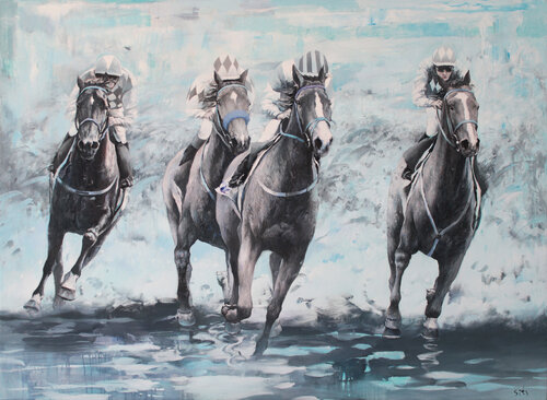 Blue light. Horse racing. by Andrei Sitsko, Painting for Sale on Select