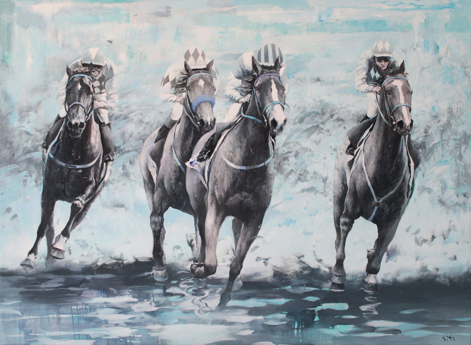 Blue light. Horse racing. Andrei Sitsko Original painting for sale