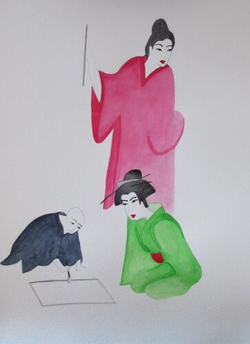 Enfant apprenant à peindre avec des femmes japonaises by Artiste H. E., Painting for Sale on Select