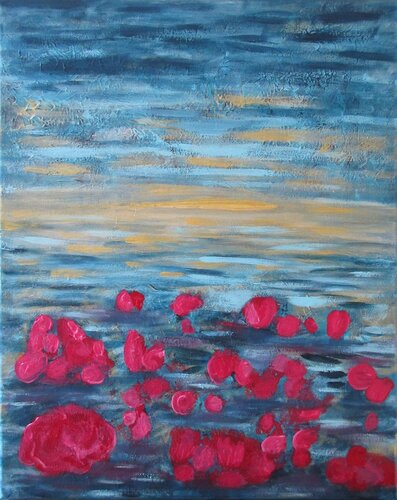 Fleurs roses sur l'eau et reflets de lumière by Artiste H. E., Painting for Sale on Select