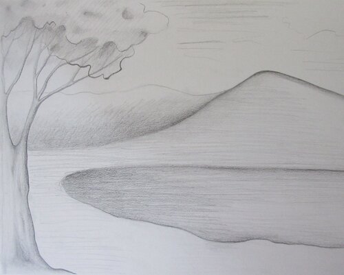 Lac avec montagne et arbre by Artiste H. E., Painting for Sale on Select
