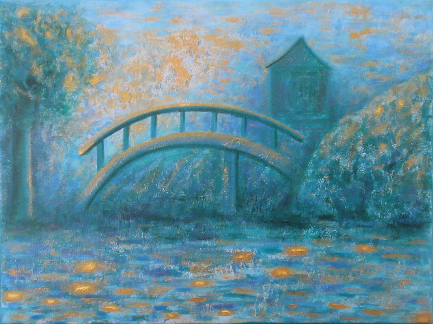 Pont et arbres Artiste H. E. Original painting for sale