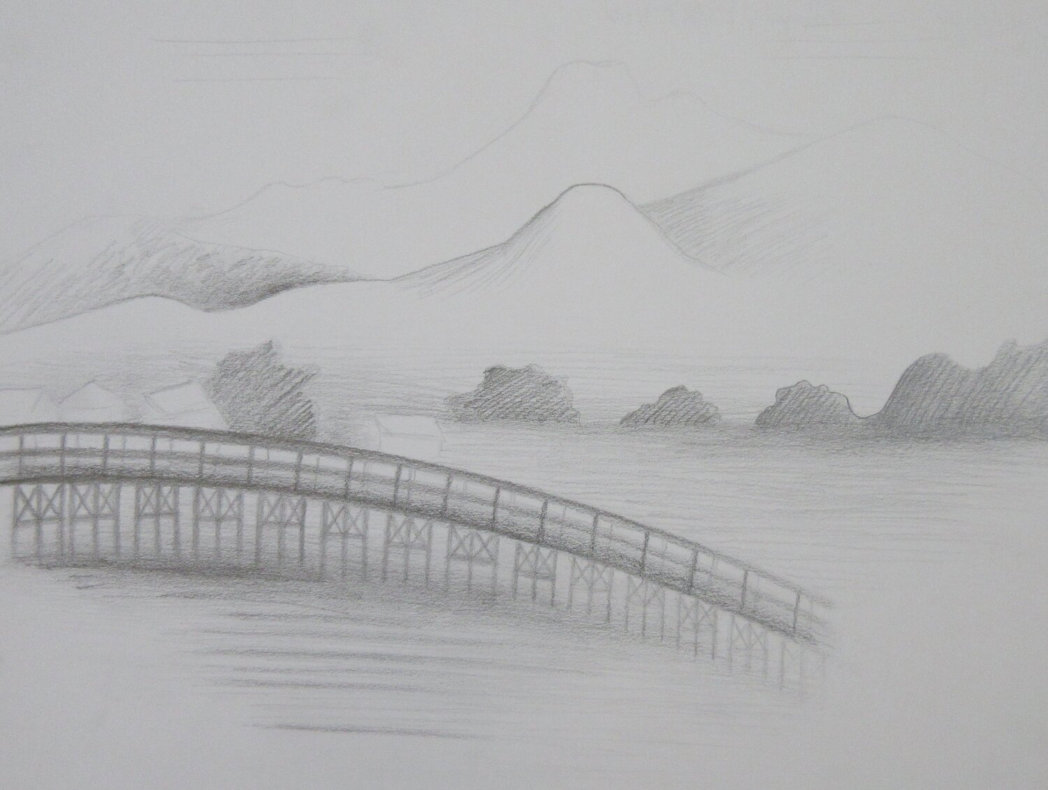 Pont et montagne Artiste H. E. Original painting for sale