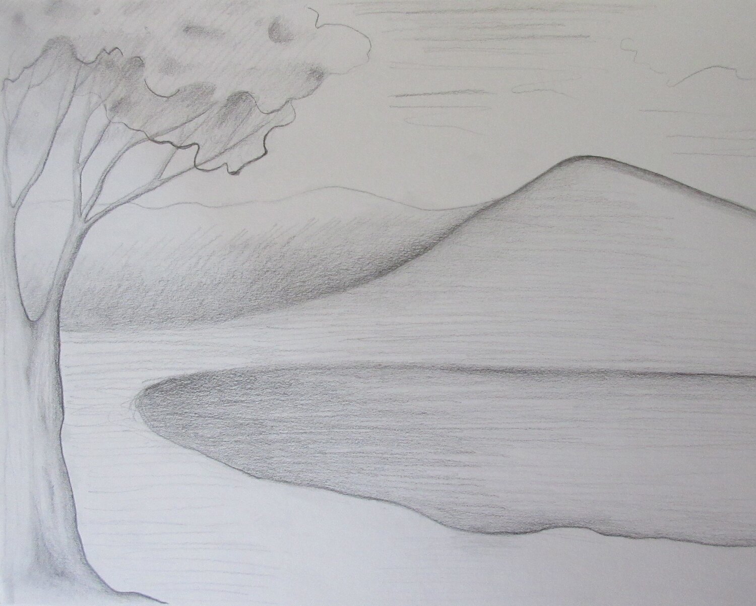 Lac avec montagne et arbre Artiste H. E. Original painting for sale