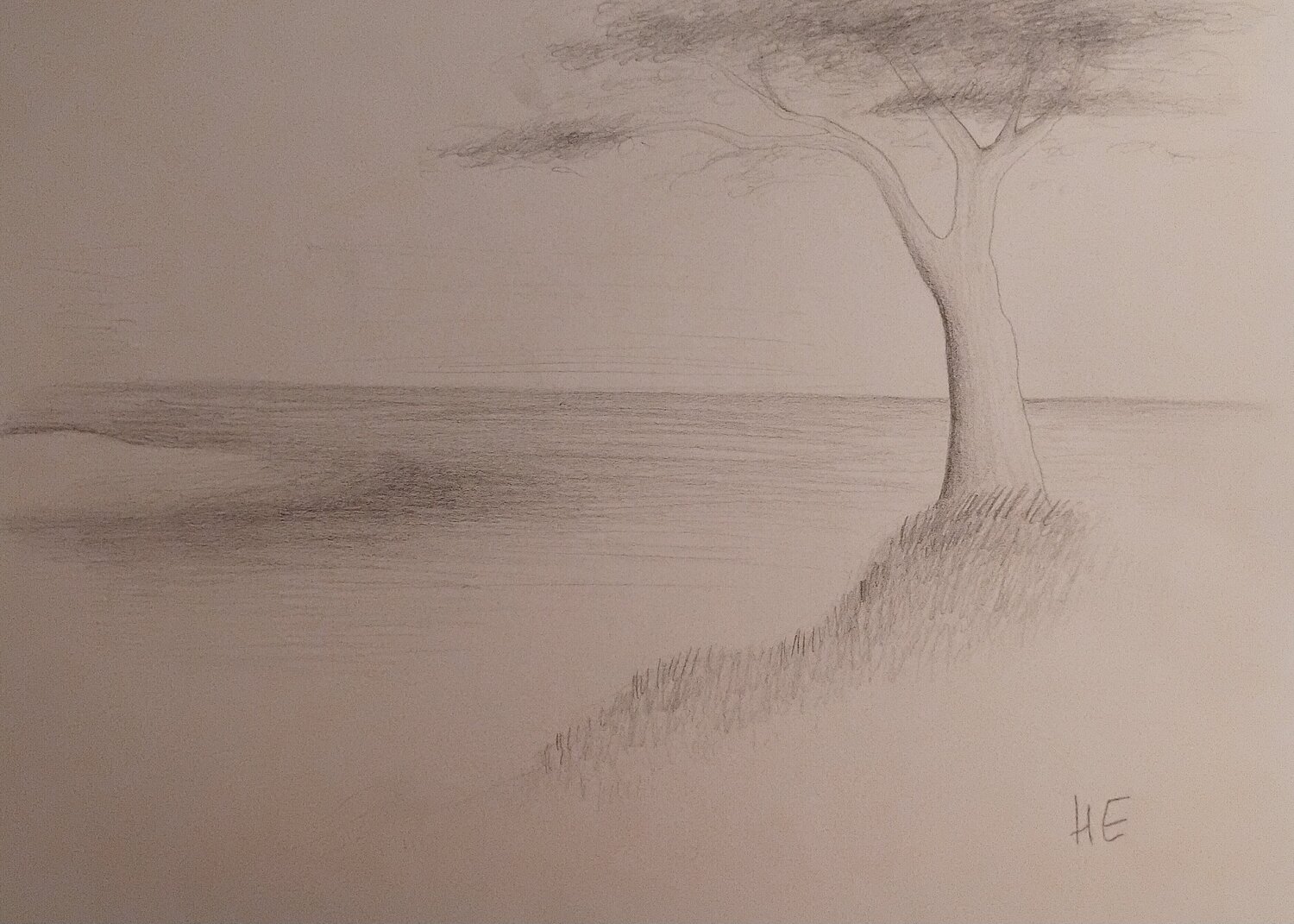 Paysage à l'arbre et aux herbes Artiste H. E. Original painting for sale