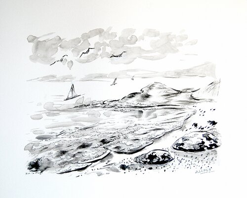 Sur la Plage - encre noire by Marie-Claude ELLHËA, Drawing for Sale on Select