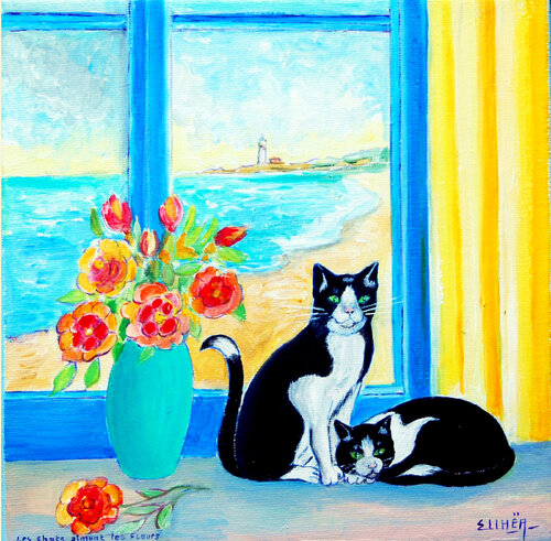 Les Chats aiment les Fleurs by Marie-Claude ELLHËA, Painting for Sale on Select